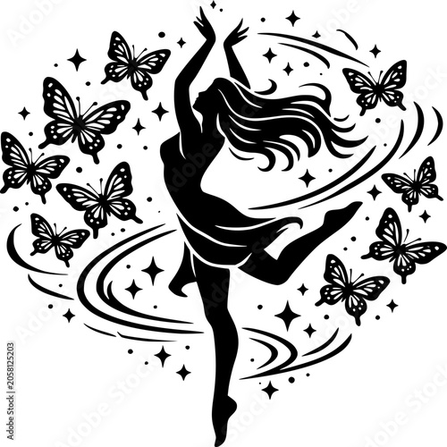 Silhouette Dancer with Butterflies: A graceful silhouette of a woman dancing, surrounded by a swirl of elegant butterflies and sparkling stars, evoking a sense of freedom and magic.