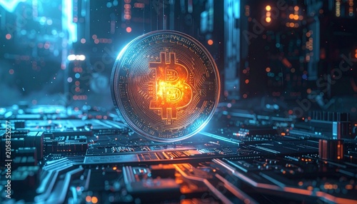 Glowing Bitcoin on Circuit Board Background.