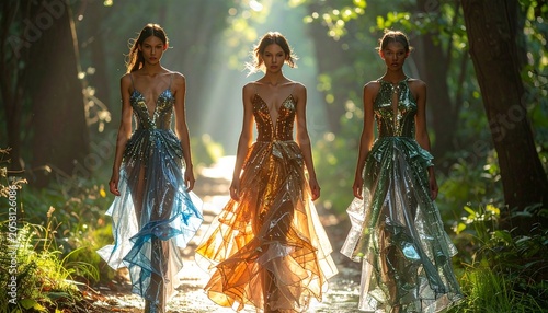 Three women in flowing dresses walking.
