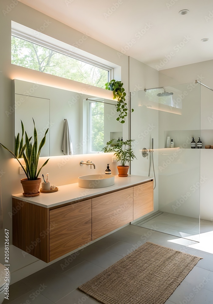 Fototapeta premium Contemporary bathroom design showcases floating vanity with natural light and potted greenery