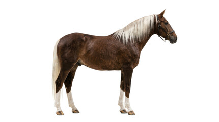 Brown horse with white mane and tail standing alone on white background