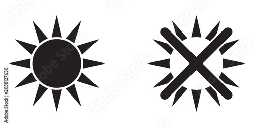 Sun black icon with crossed out sign vector, hot weather forbidden, no sun, do not expose to sun symbol.