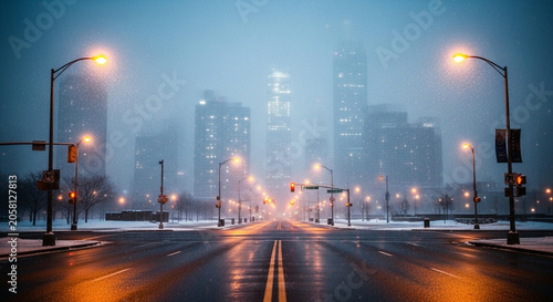 Empty wet city street on a foggy winter night with glowing streetlights and skyscrapers
