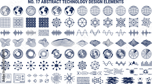 Geometric icons display an array of abstract technology design elements for digital interface development.
