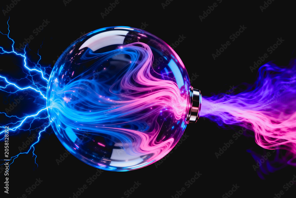 Obraz premium A transparent plasma sphere holds swirling pink and blue energy, with blue lightning on the left and purple-pink streams emitting from the right, set against a dark background.