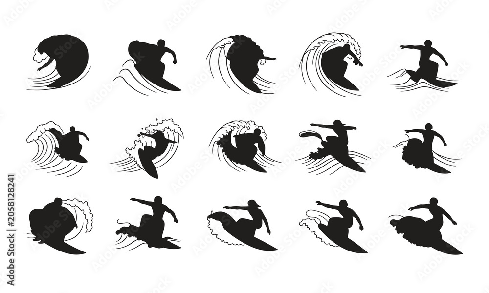 Obraz premium Set of surfing silhouettes
