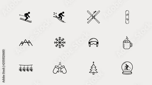 Skiing icons set on white background ski snowboard snowflake ski goggles snowman