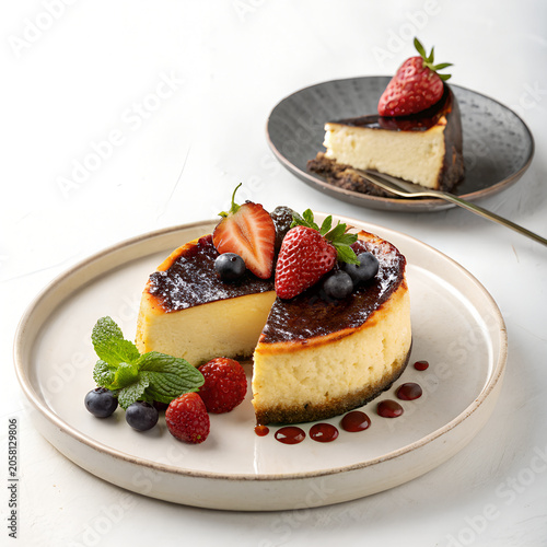 Delicious cheesecake, berry dessert, chocolate topping, sweet food isolated on White Background