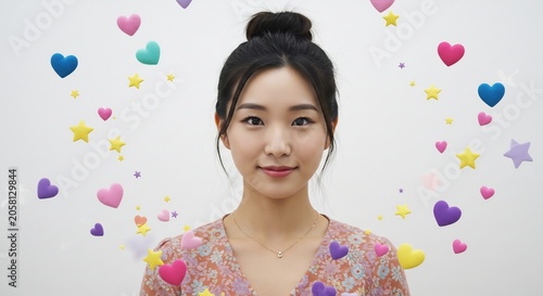 明るく柔らかな光に包まれた空間で、魅力的な若い女性が優しく微笑む。カラフルなハートと星が周囲をきらびやかに飾り、喜びあふれる夢のようなシーン。. AI Generated