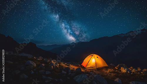 Camping in the mountains under the starry night sky
