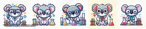 Photography Set of cute koala vectors in scientist costumes doing experiments