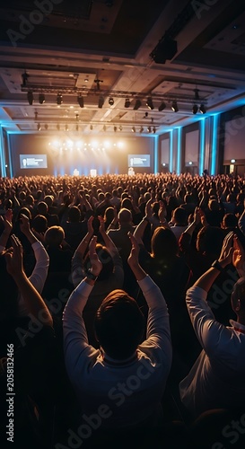 Large crowd applauding performers on a brightly lit stage in a sizable indoor venue