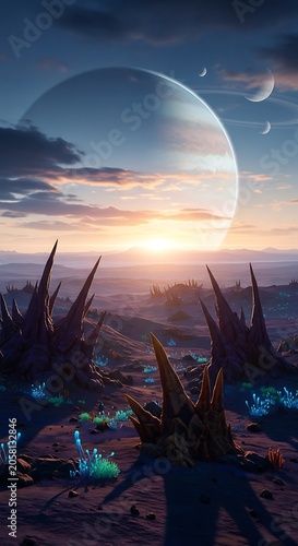Alien world vista features colossal orbiting sphere above jagged foreground flora during sunset