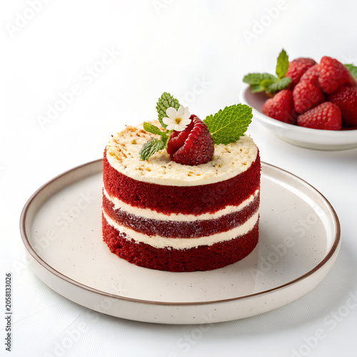 Delicious red velvet cake, cream cheese frosting, fresh raspberries, dessert, sweet treat, foodie isolated on White Background