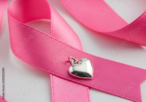 Metallic heart charm rests upon a vibrant pink awareness ribbon with soft lighting