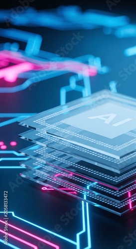 Stacked Transparent Glass Layers Resembling AI Processor Architecture on Neon Technology Background