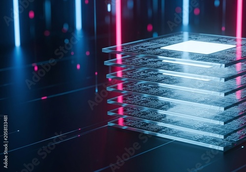 Stacked Transparent Glass Layers Resembling AI Processor Architecture on Neon Technology Background