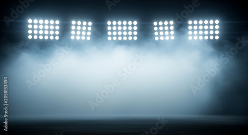 Bright stadium floodlights shining through thick fog at night with floodlights illumination atmospheric darkness dramatic performance visibility nighttime stadiums spotlight
