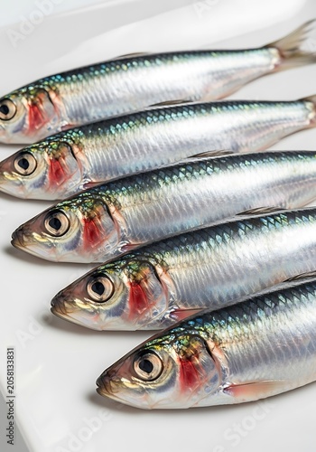Row of fresh small forage fish displayed closely together on a bright white surface