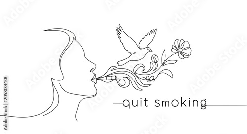 Картината върху платно Woman Quitting Smoking, Bird and Flowers Emerging from Cigarette Smoke