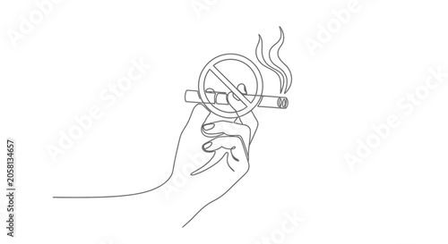Tableau sur toile Hand holding cigarette with no smoking sign, continuous line art