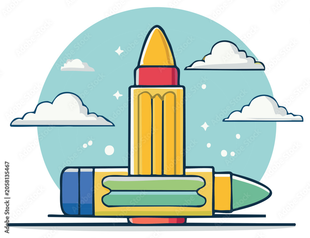 Naklejka premium Cartoon bullet design with clouds, stars, and sky