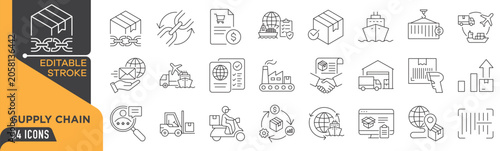 Supply Chain Editable Stroke Line Icons Set – Logistics, Shipping, Warehouse, Delivery & Global Trade Outline Vector Collection.eps