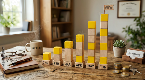 Business growth concept with wooden blocks representing monthly progress from january to june, topped with a goal reached flag on a wooden office desk
