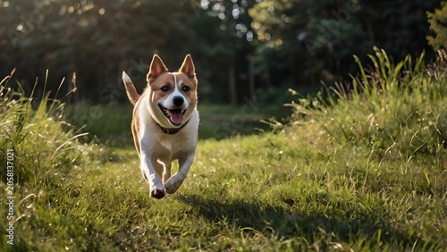 Happy Dog Running Freely on Green Grass in Golden Sunlight with Pet Wellness Concept