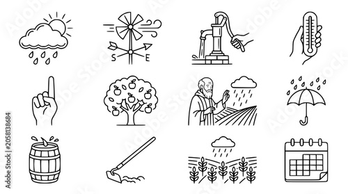 Obraz na płótnie Farming and Weather Icons: Agriculture, Seasons, Meteorology, and Rural Life Col