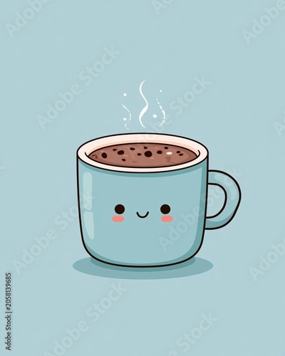 Cute blue mug with smiling face and steam rising