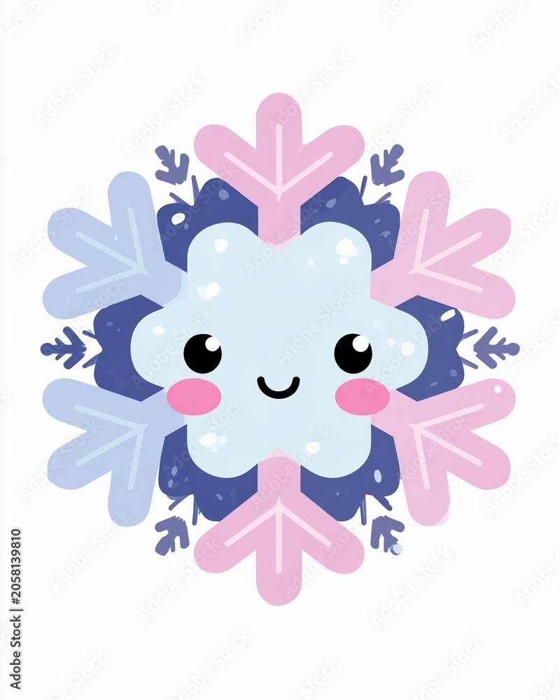 Fototapeta premium Cute snowflake with smiling face and rosy cheeks