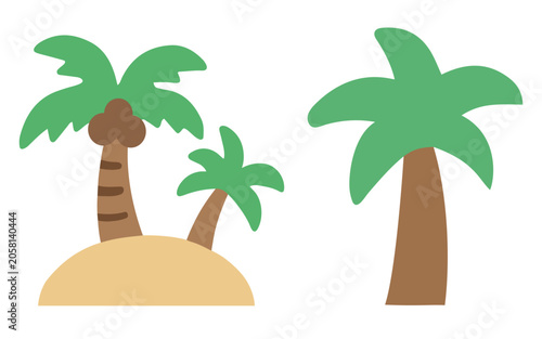 Cute palm trees and tropical desert island vector illustration set. Flat cartoon summer vacation design elements isolated on a white background.