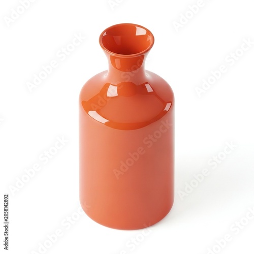 Terracotta ceramic vase with narrow neck on white background isolated on white background