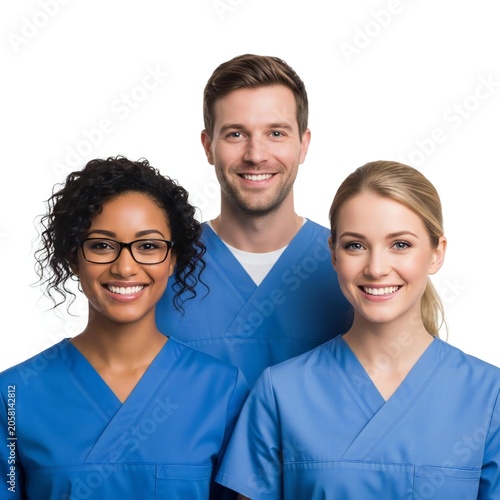 Three smiling medical professionals in blue scrubs posing together isolated on white background