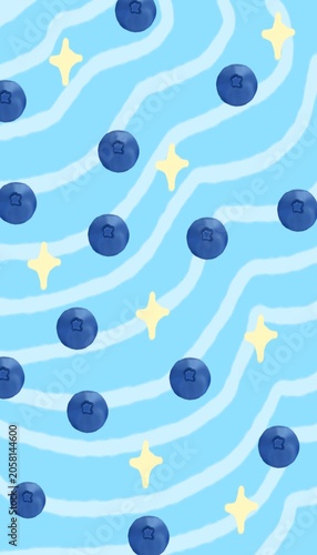 Seamless pattern with fresh blueberries and yellow stars on light blue wavy lines background. Vector illustration.