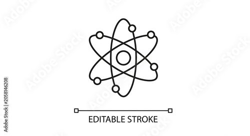 Linear outline atom model icon representing physics and science with chemistry molecule electron scientific particle education research laboratory structure academic isolated