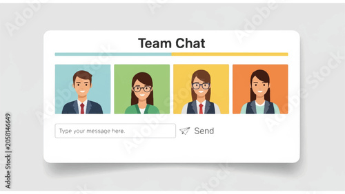 Diverse team members in chat interface.
