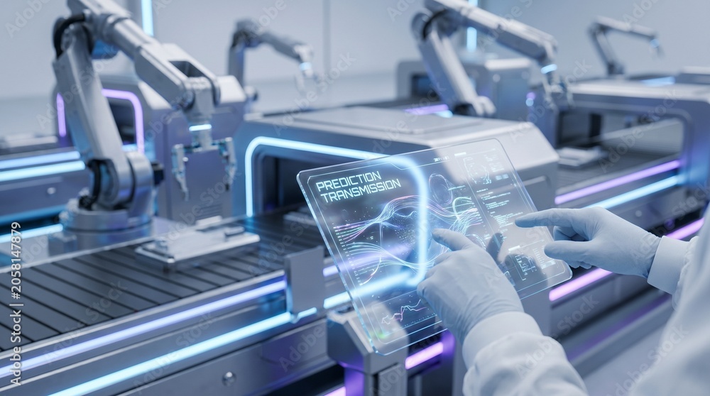 Fototapeta premium Automated Factory Production Line With Robotic Arms Controlled By A Digital Interface For Industrial Manufacturing Optimization