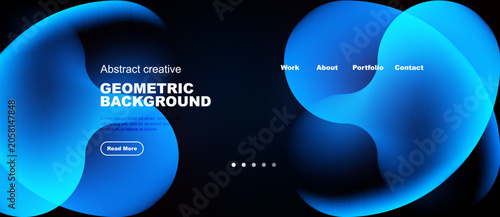 Dark background features vibrant blue abstract shapes. Website header include...