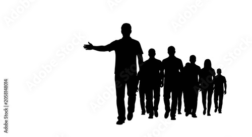 Silhouette of people following leader.