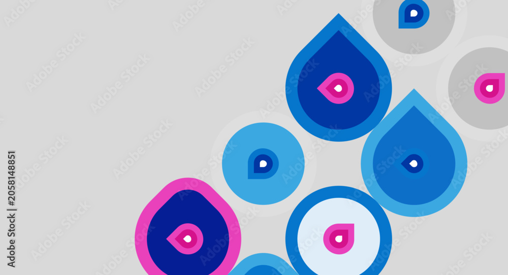 Fototapeta premium Abstract design features colorful teardrop shapes. Blue, pink hues dominate light gray background. Minimalist, modern aesthetic.