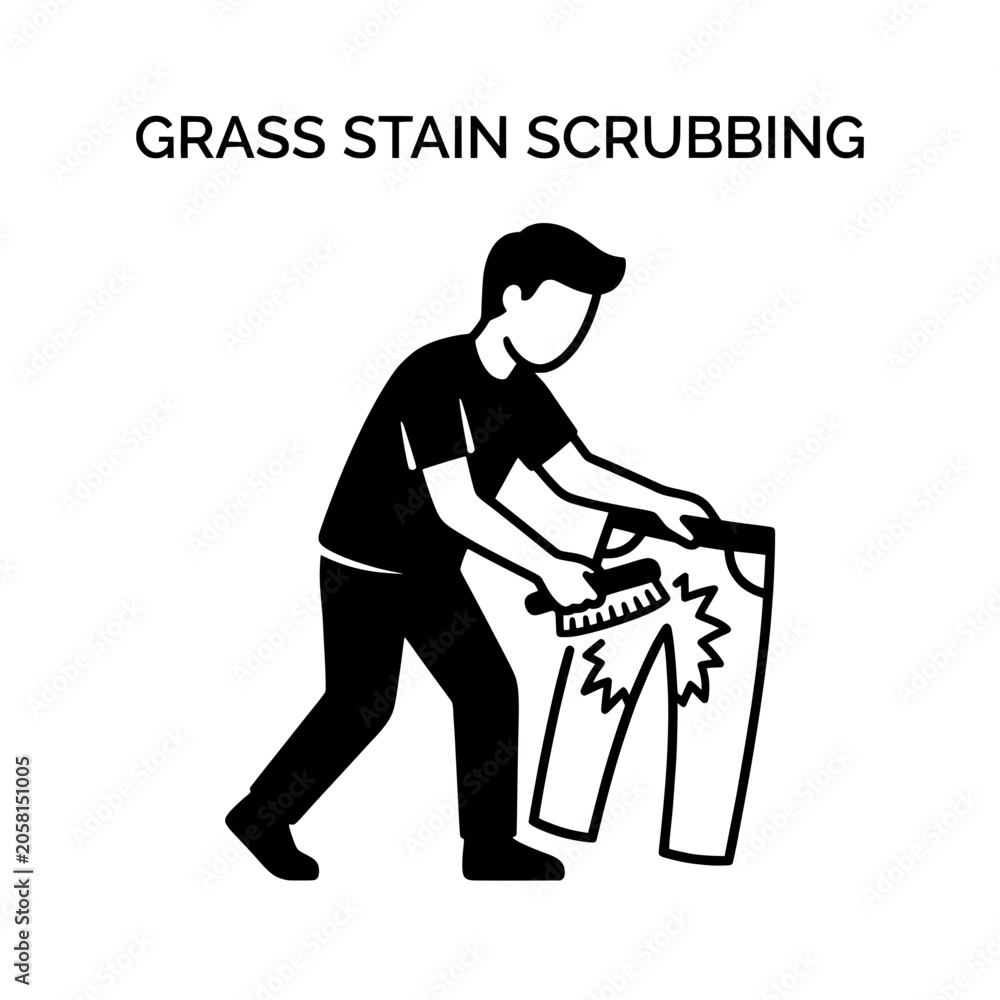 Naklejka premium Man Scrubbing Grass Stain from Pants Cleaning Clothes Laundry Task.
