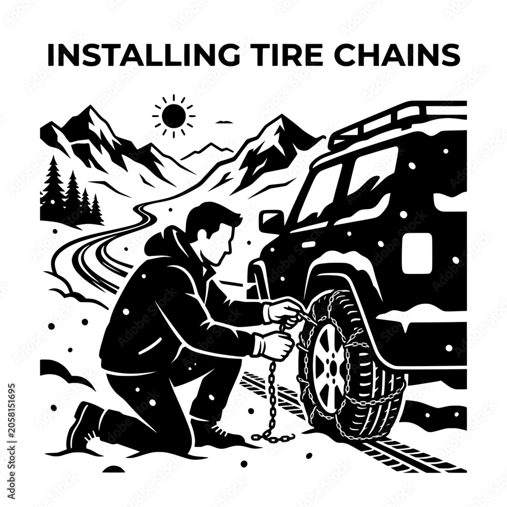 Fototapeta premium Man Installing Tire Chains on SUV in Snowy Winter Conditions.