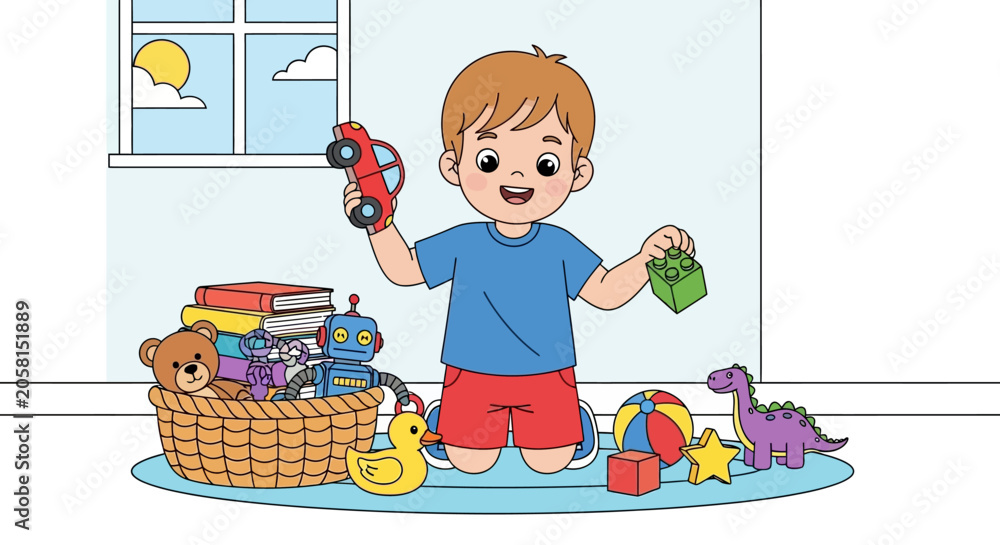 Naklejka premium Young Boy Playing with Toys.