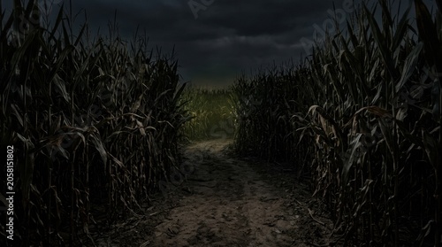 A cornfield at midnight, the stalks towering, rustling despite no wind. A dirt path disappears into the darkness between rows. A faint, sourceless glow emanates from deep within.