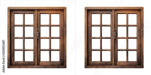 Fotografie Set of two identical rustic wooden windows with multiple panes, featuring a clas