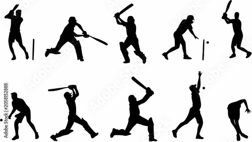 Vector cricket player silhouettes in various batting poses with bats on transparent background
