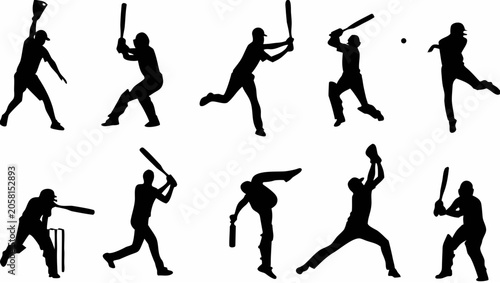 Vector cricket player silhouettes in various batting poses on transparent background