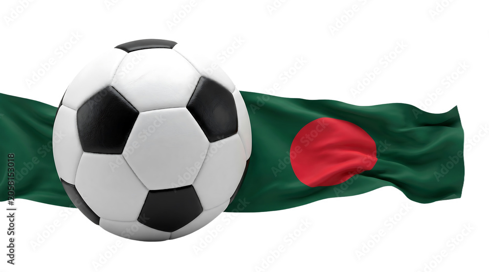 Naklejka premium Classic black and white soccer ball placed against a flowing bangladesh flag with football bangladesh bangladeshi competition national